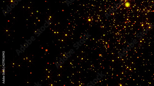 Abstract gold rain with bright particles with flares are in space, modern glossy background, 3d rendering backdrop