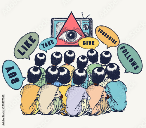 Consumer society.  All seeing eye and people. Symbol of freedom and slavery, globalization, future of mankind, digital world, big brother