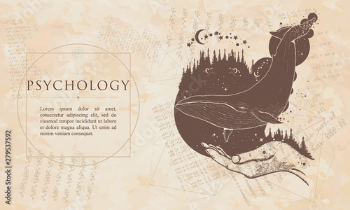 Whale flies by over forest . Psychology renaissance background. Medieval manuscript, engraving art. Symbol of a dream, freedom, travel, imagination, meditation