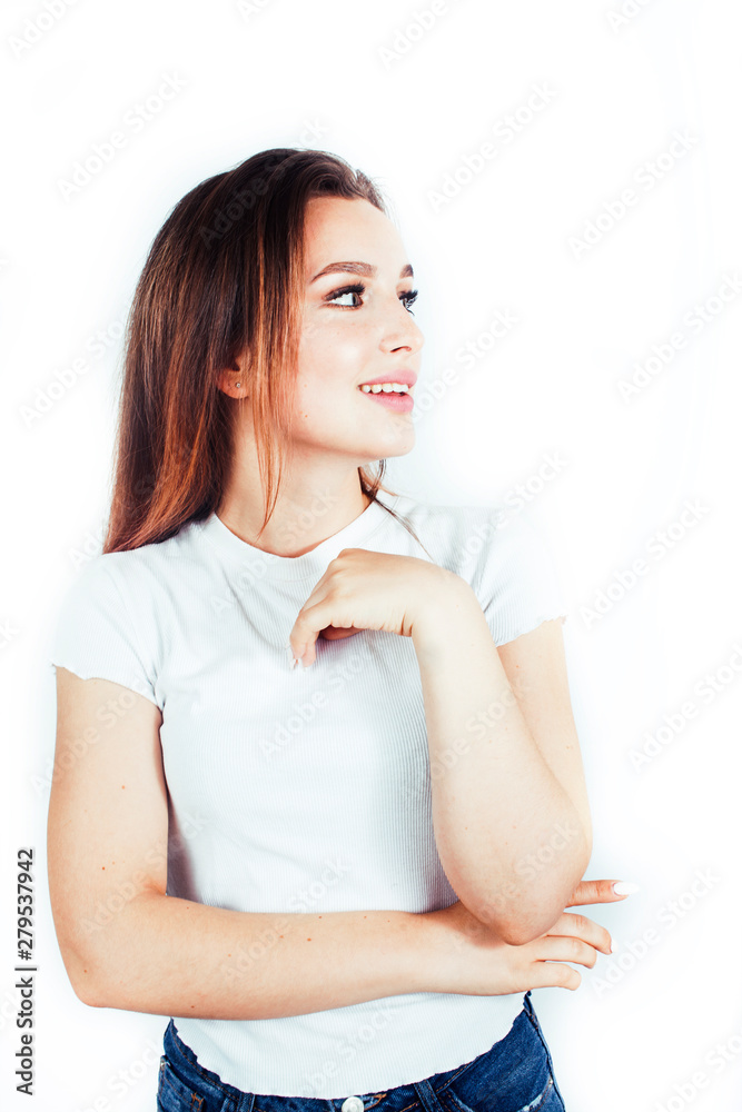 young pretty teenage hipster girl posing emotional happy smiling on white background, lifestyle people concept close up young pretty teenage hipster girl posing emotional happy smiling on white background, lifestyle people concept close up