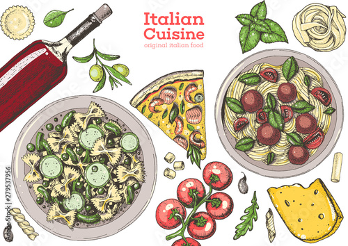 Italian cuisine top view frame. A set of Italian dishes with pasta, pizza, ravioli, cheese. Food and drink menu design template. Vintage hand drawn vector illustration. Colorful image