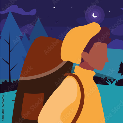 man tourist field hiking forest
