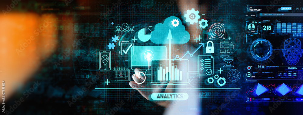 Hand touching Business data analytics process management with KPI financial charts and graph and automated marketing dashboard.