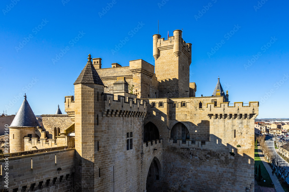 Imposing walls and towers part of the Palacio Reale de Olite in Navarre region, Spain