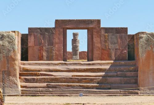 The 2000 year old archway at the Pre-Inca site of Tiwanaku near La Paz in Bolivia. Tiwanaku