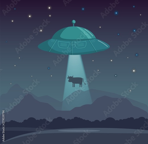 Vector UFO abducts cow illustration night sky