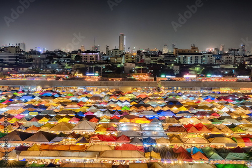 Aerial view of Talad Rod Fai night market Ratchada  Bangkok  Thailand