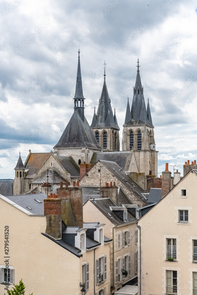 Blois in France, the Saint-Nicolas-Saint-Lomer church, and view of typical roofs of the ancient city