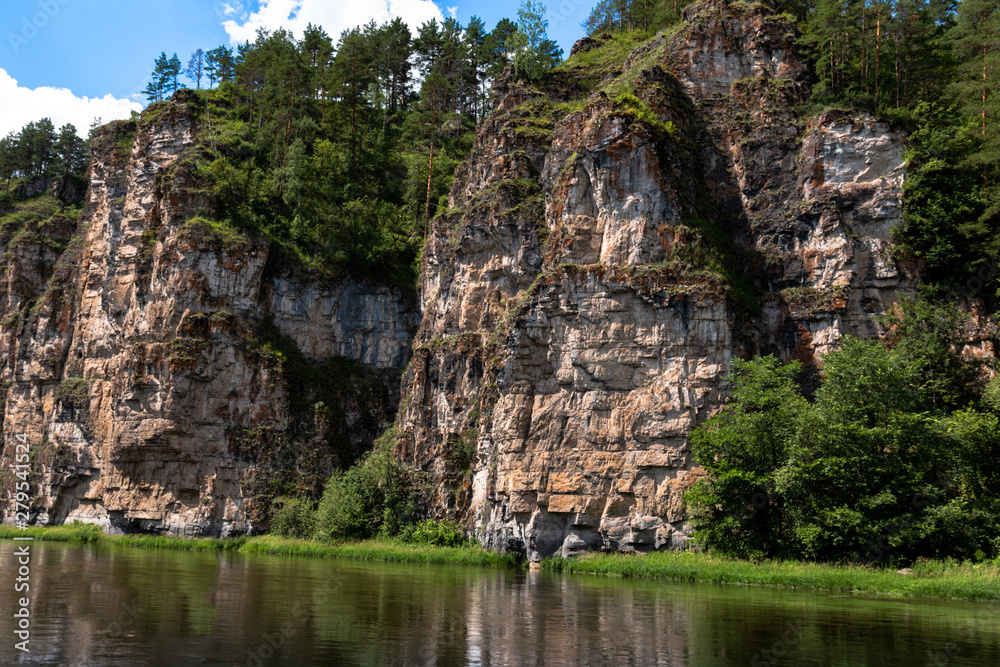 mountain river landscape flows on a summer day