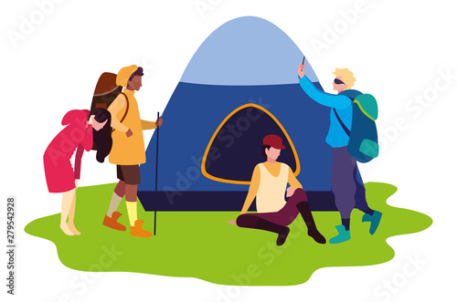 group people camp tent vacations