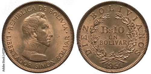 Bolivia Bolivian coin 10 ten bolivianos or 1 one bolivar 1951, bust of Simon Bolivar right, double denomination within wreath,  photo