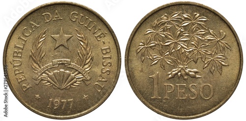 Guinea-Bissau coin 1 one peso 1977, arms, star flanked by sprigs, shell and ribbon with motto below, some edible plant above denomination,