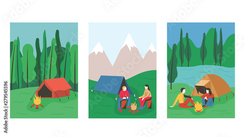 Tent and campfire in the forest. Tent beside a lake. People talking next to campfire and a tent in mountains. Concept of hiking, adventure tourism, camping, travel. Flat vector illustration