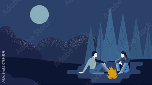 A tent and a campfire in the forest. People talking near tent. Landscape illustration with grainy texture. Concept of discovery, hiking, adventure tourism, camping and travel. Flat vector illustration