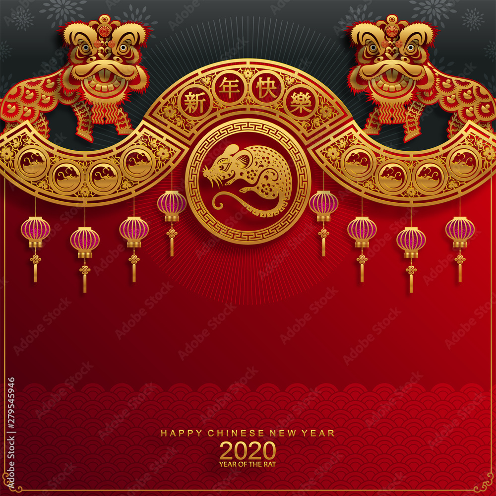 Happy chinese new year 2020 year of the rat ,paper cut rat character,flower and asian elements with craft style on background. (Chinese translation : Happy chinese new year 2020, year of rat) Happy chinese new year 2020 year of the rat ,paper cut rat character,flower and asian elements with craft style on background. (Chinese translation : Happy chinese new year 2020, year of rat)