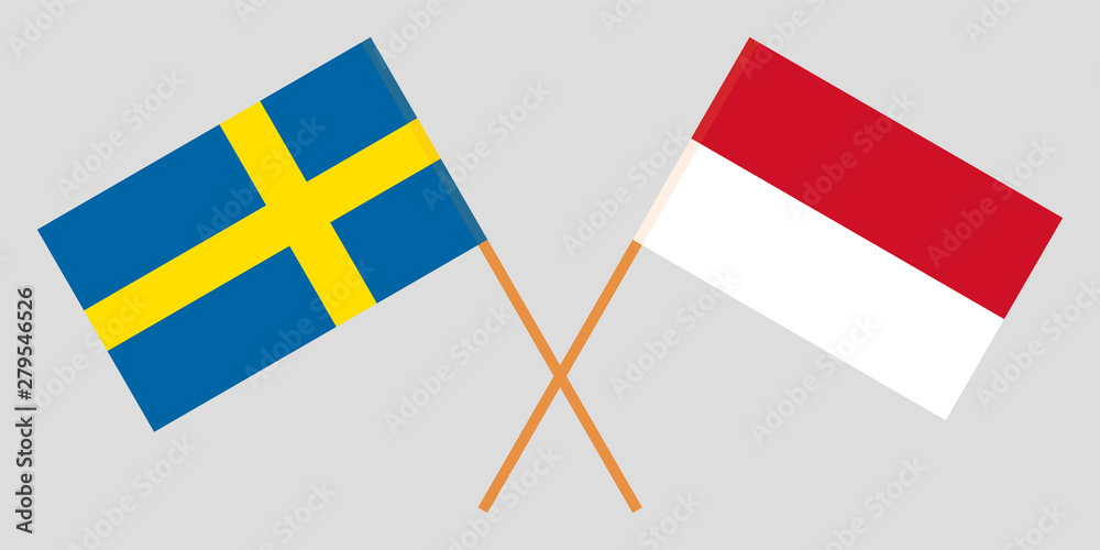 Sweden and Indonesia. Crossed Swedish and Indonesian flags