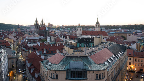 Beautiful evening city with the Powder Tower of Prague