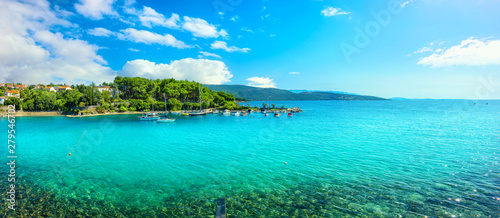 Fototapeta Naklejka Na Ścianę i Meble -   Seaside with turquoise bay and beach in Krk. Krk island, Croatia