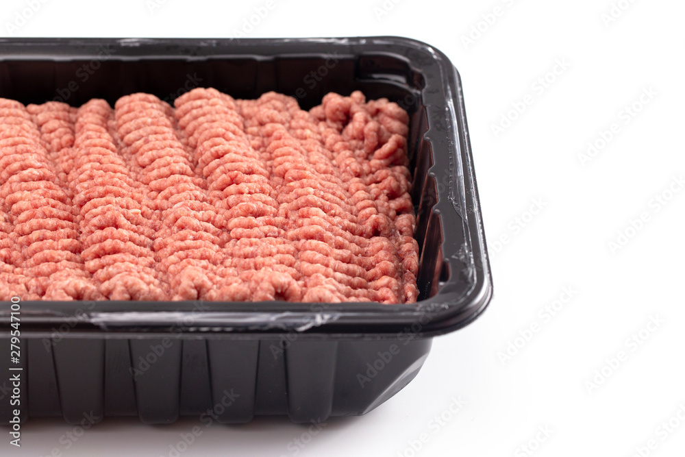 Raw Hamburger Meat in a Plastic Package on a White Background Raw Hamburger Meat in a Plastic Package on a White Background