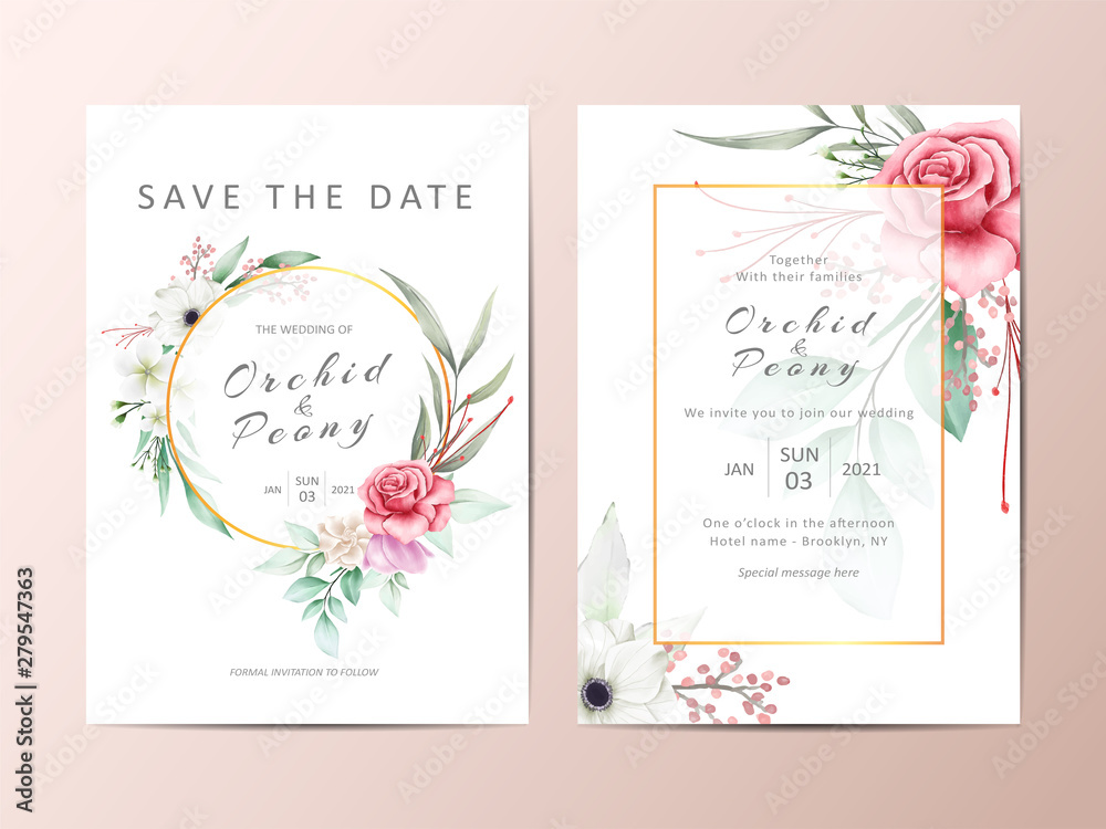 Beautiful floral wedding invitation template set. Fully editable vector card template