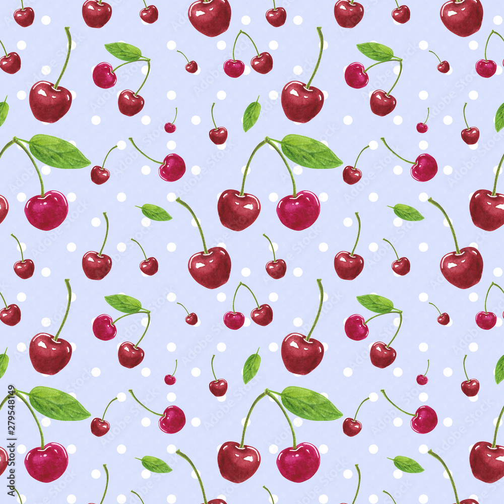 Seamless pattern, made of pink sweet cherries, hand drawn botanical illustration, isolated on blue with polka dot. Seamless pattern, made of pink sweet cherries, hand drawn botanical illustration, isolated on blue with polka dot.