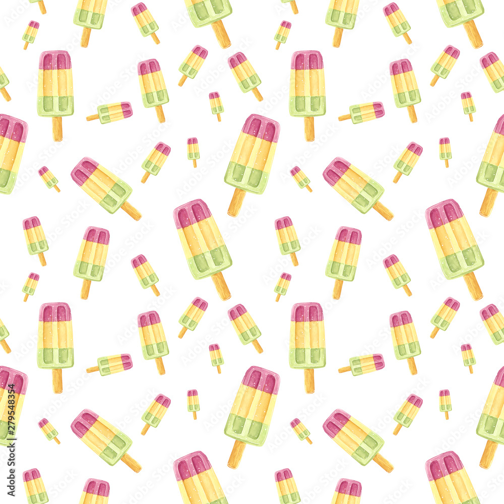 Seamless pattern, made of pink, green and orange sweet fruit ice pop, hand drawn food watercolor illustration, isolated on white.