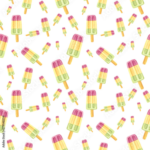 Seamless pattern, made of pink, green and orange sweet fruit ice pop, hand drawn food watercolor illustration, isolated on white.