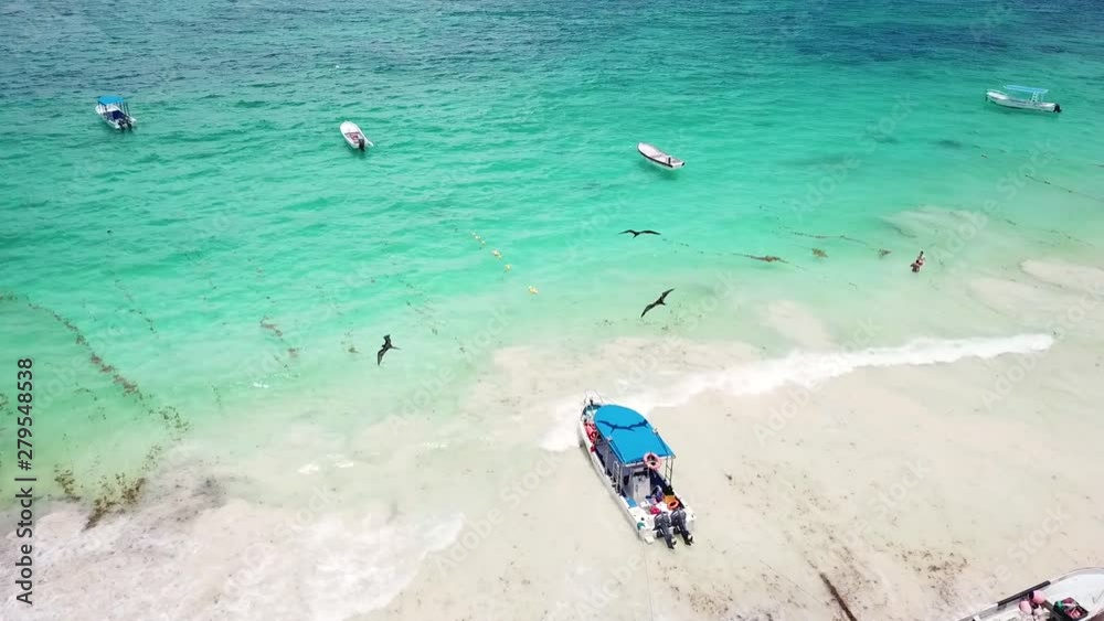 Cinematic Aerial Slowmotion of Seagulls Flying Over Anchored Boats on Tropical Tulum White Sand Beach, Mexico Cinematic Aerial Slowmotion of Seagulls Flying Over Anchored Boats on Tropical Tulum White Sand Beach, Mexico
