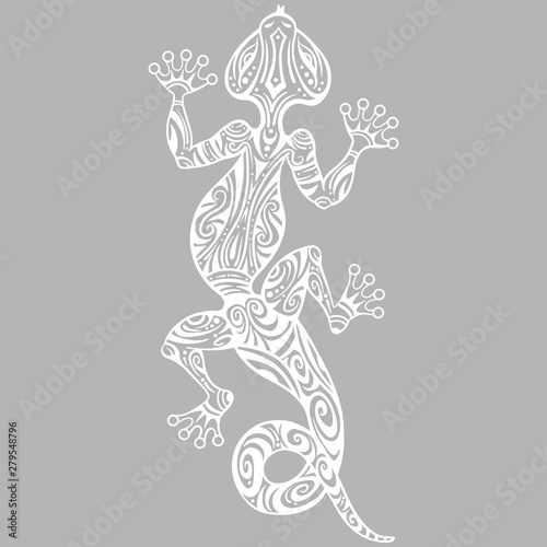 Vector drawing of a lizard or salamander with ethnic patterns of Aboriginal Australia. On the grange background. Image salamandy as a tattoo.