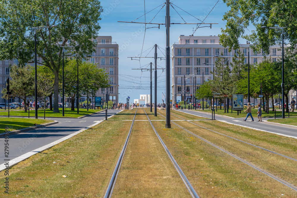 Le Havre, France - 06 01 2019: Tramway line and the white structure