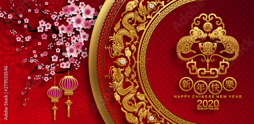 Happy chinese new year 2020 year of the rat ,paper cut rat character,flower and asian elements with craft style on background. (Chinese translation : Happy chinese new year 2020, year of rat)