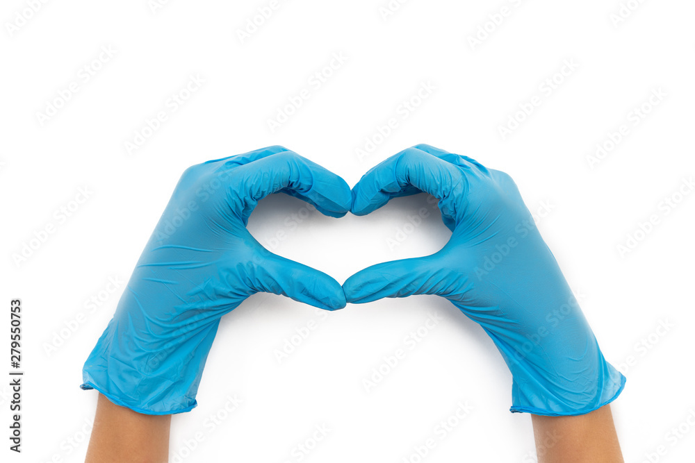 Hands in medical latex gloves. Hands form a heart shape. The gesture symbolizes the declaration of love. Close-up. Hand gestures for expressing emotions. Isolated on white Hands in medical latex gloves. Hands form a heart shape. The gesture symbolizes the declaration of love. Close-up. Hand gestures for expressing emotions. Isolated on white
