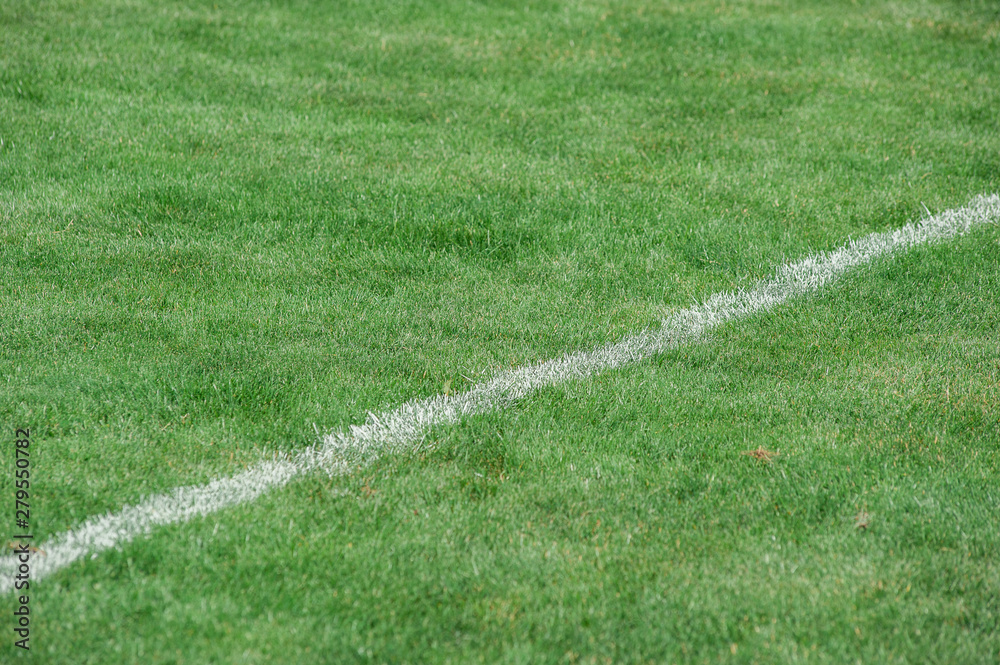 Naklejka premium Lawn. Limit lines of a sports grass field with selective focus