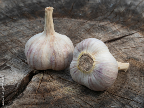 Two heads of garlic are on the stump. Close-up. Still life.