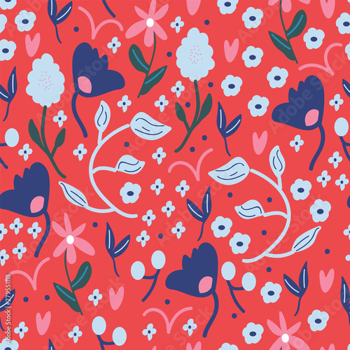 Cherry Red Botanical seamless vector pattern with leaves and florals editable and separable