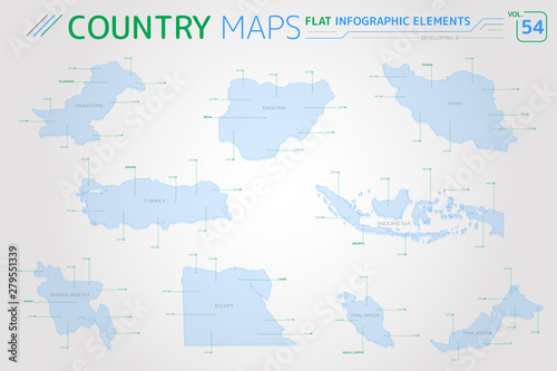 Developing-8, Indonesia, Iran, Bangladesh, Egypt, Nigeria, Malaysia, Pakistan and Turkey Vector Maps