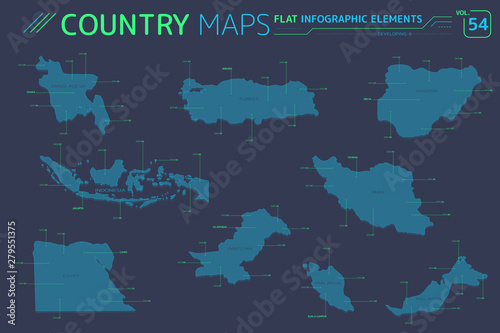 Developing-8, Bangladesh, Egypt, Nigeria, Indonesia, Iran, Malaysia, Pakistan and Turkey Vector Maps