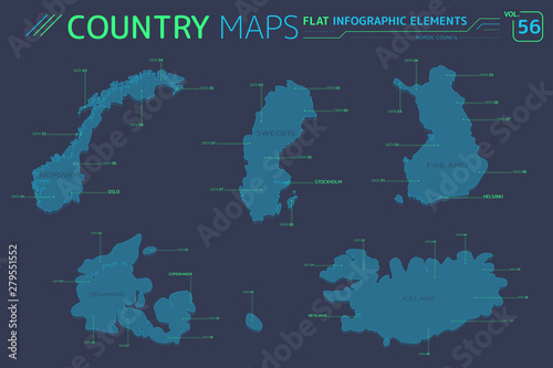 Nordic Council, Denmark, Finland, Iceland, Norway and Sweden Vector Maps