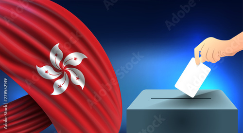 Male hand puts down a white sheet of paper with a mark as a symbol of a ballot paper against the background of the hong kong flag, hong kong the symbol of elections