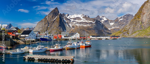 Hamnoy Village on the Lofoten Islands, Reinefjord,  Norway. Panoramic Shot photo