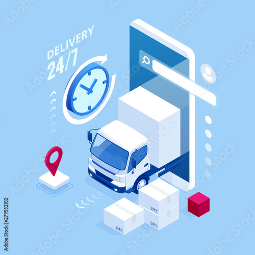 Isometric Logistics and Delivery concept. Delivery home and office. City logistics. Warehouse, truck, forklift, courier, drone and delivery man.