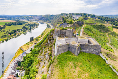 Fortress of Charlemont protects Givet town on the Belgian border and dominates Meuse river as it bends. Citadel, surrounded by outworks. Ardennes department in northern France
