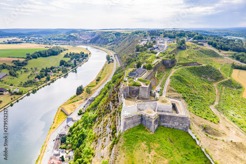 Fortress of Charlemont protects Givet town on the Belgian border and dominates Meuse river as it bends. Citadel, surrounded by outworks. Ardennes department in northern France