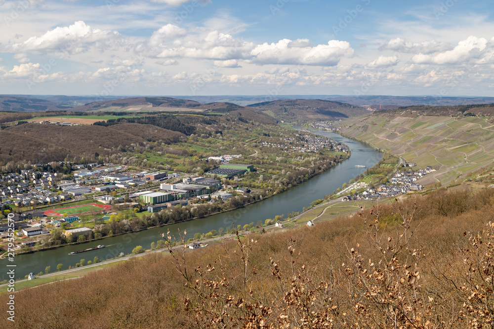 Blick aus den Weinbergen auf die Mosel und die Weinorte Wehlen und Zeltingen-Rachtig