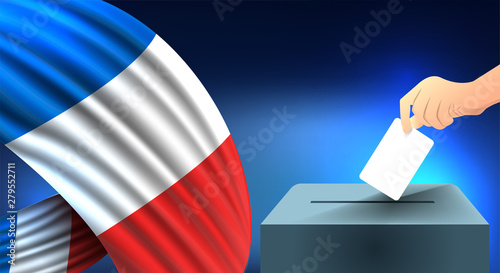 Male hand puts down a white sheet of paper with a mark as a symbol of a ballot paper against the background of the france flag, france the symbol of elections