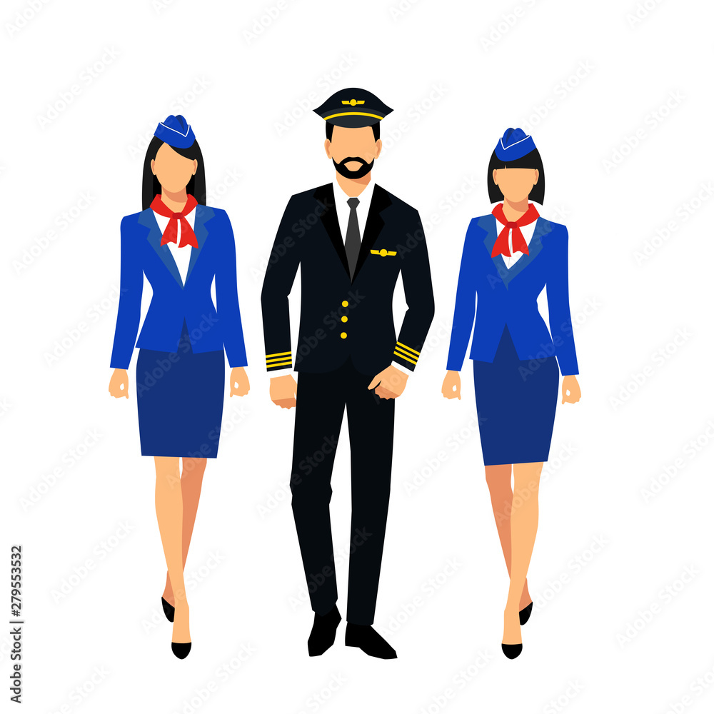 Illustration of stewardess dressed in blue uniform. Two flight attendants and a pilot isolated on a white background. vector illustration
