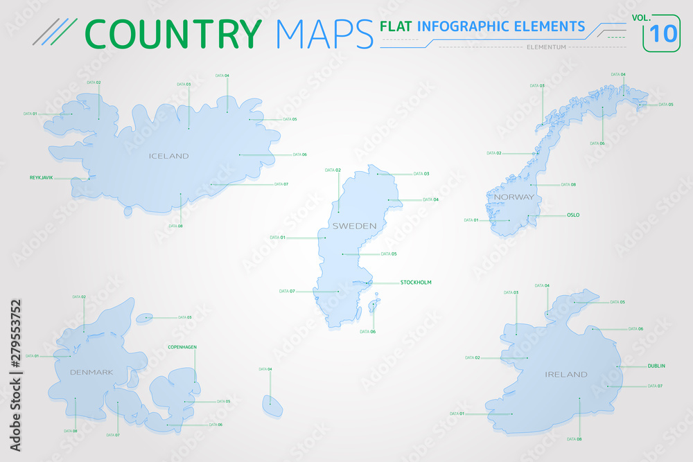 Iceland, Sweden, Norway, Denmark and Ireland Vector Maps