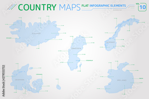Iceland  Sweden  Norway  Denmark and Ireland Vector Maps