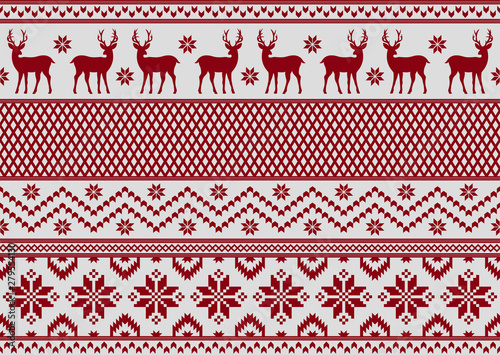 Seamless pattern with deer and snowflakes, knitting style. New year and Christmas texture.