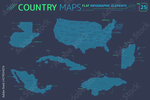 Mexico, Cuba, United States, Belize, Guatemala and Honduras Vector Maps